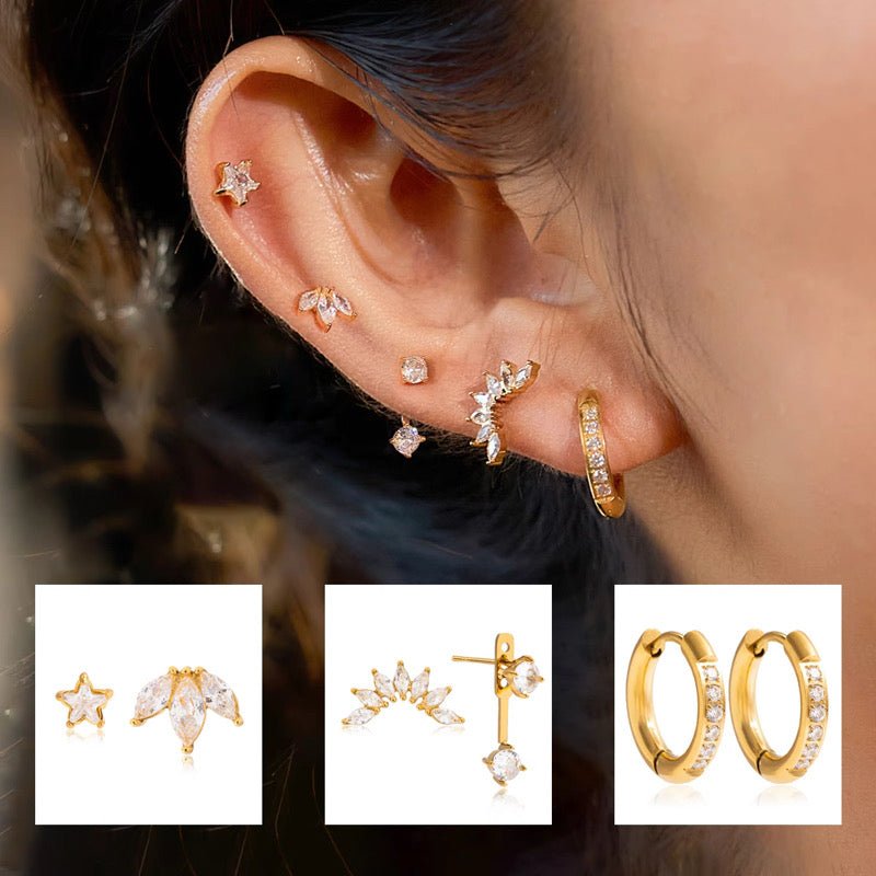 Close-up of an ear with gold earrings and small inset images of different earrings.