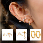 Close-up of an ear with gold earrings and small inset images of different earrings.