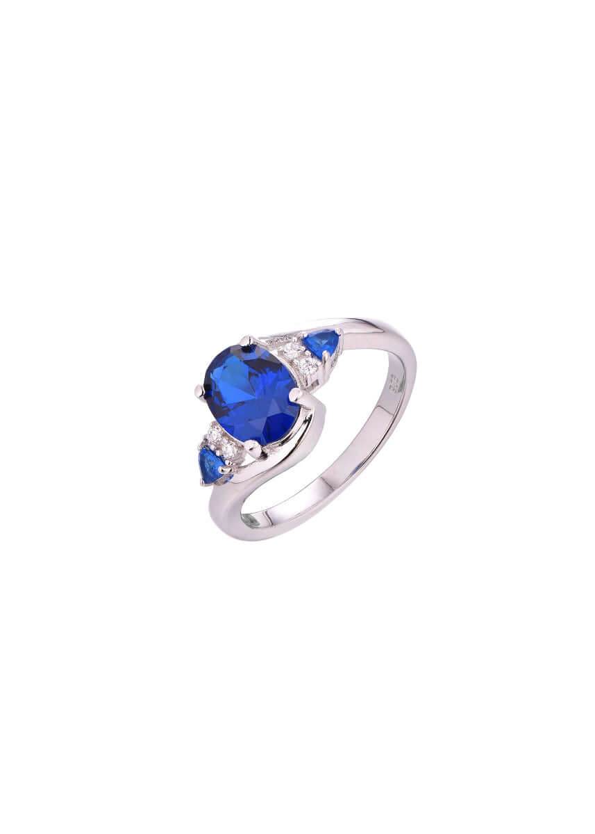 Rhodium-plated silver ring with blue sapphire zirconia