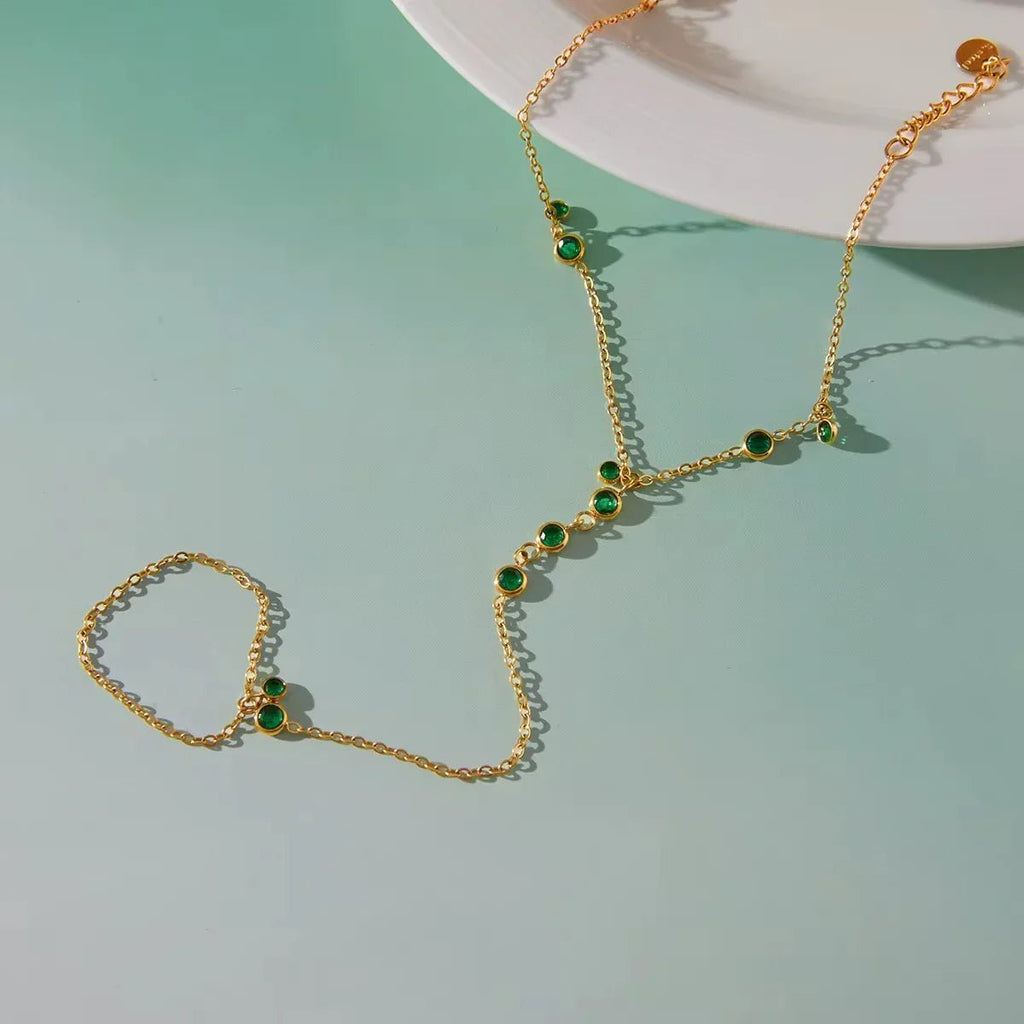 Emerald Trace Green Crystal Hand Chain - 18k Gold PVD Plated Stainless Steel & Waterproof - Yadman UK