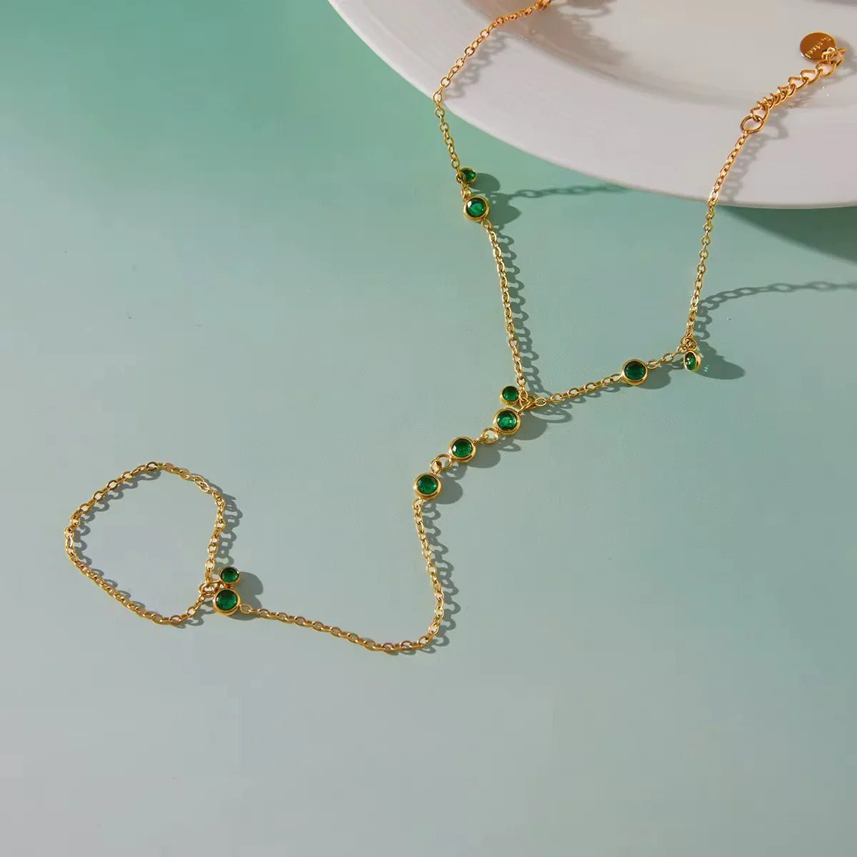 Emerald Trace Green Crystal Hand Chain - 18k Gold PVD Plated Stainless Steel & Waterproof - Yadman UK