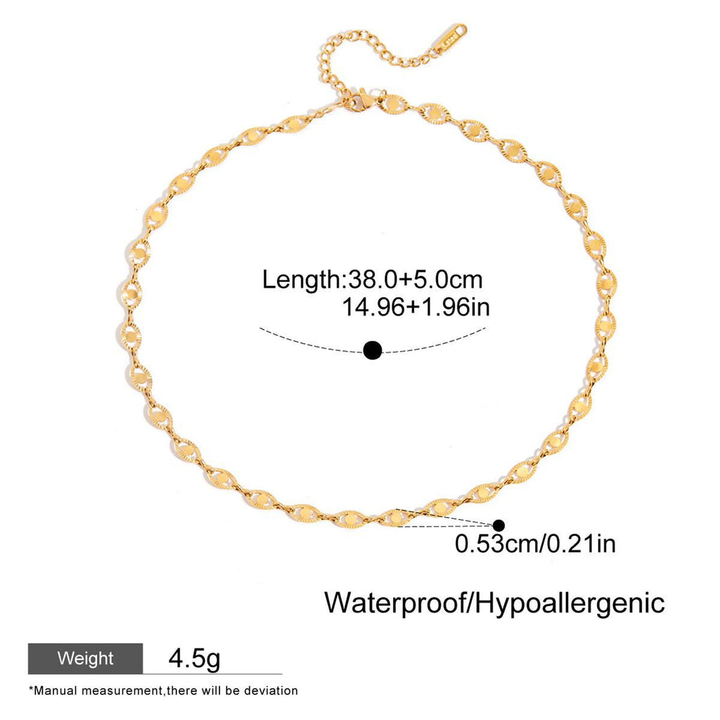 Gold necklace with measurement details on a white background