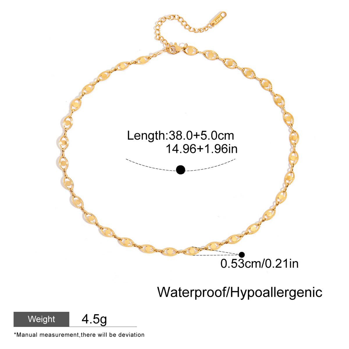 Gold necklace with measurement details on a white background