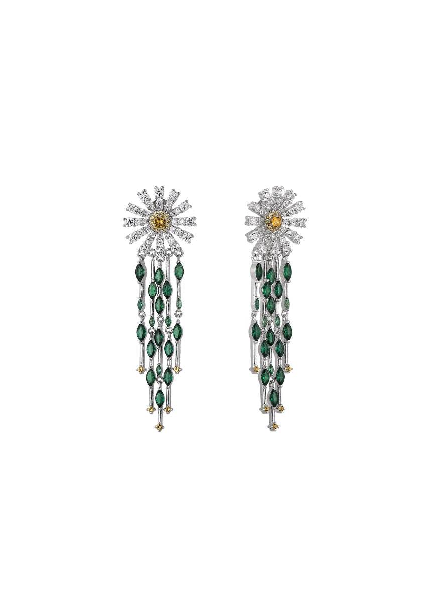 Daisy burst earrings with green zirconia drops