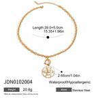 Gold necklace with a pendant on a white background, showing measurements and material details.