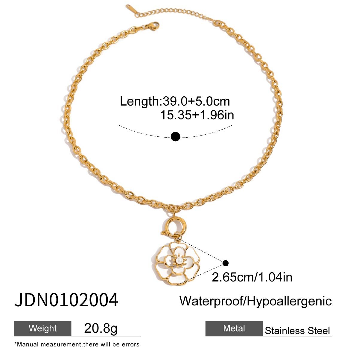 Gold necklace with a pendant on a white background, showing measurements and material details.