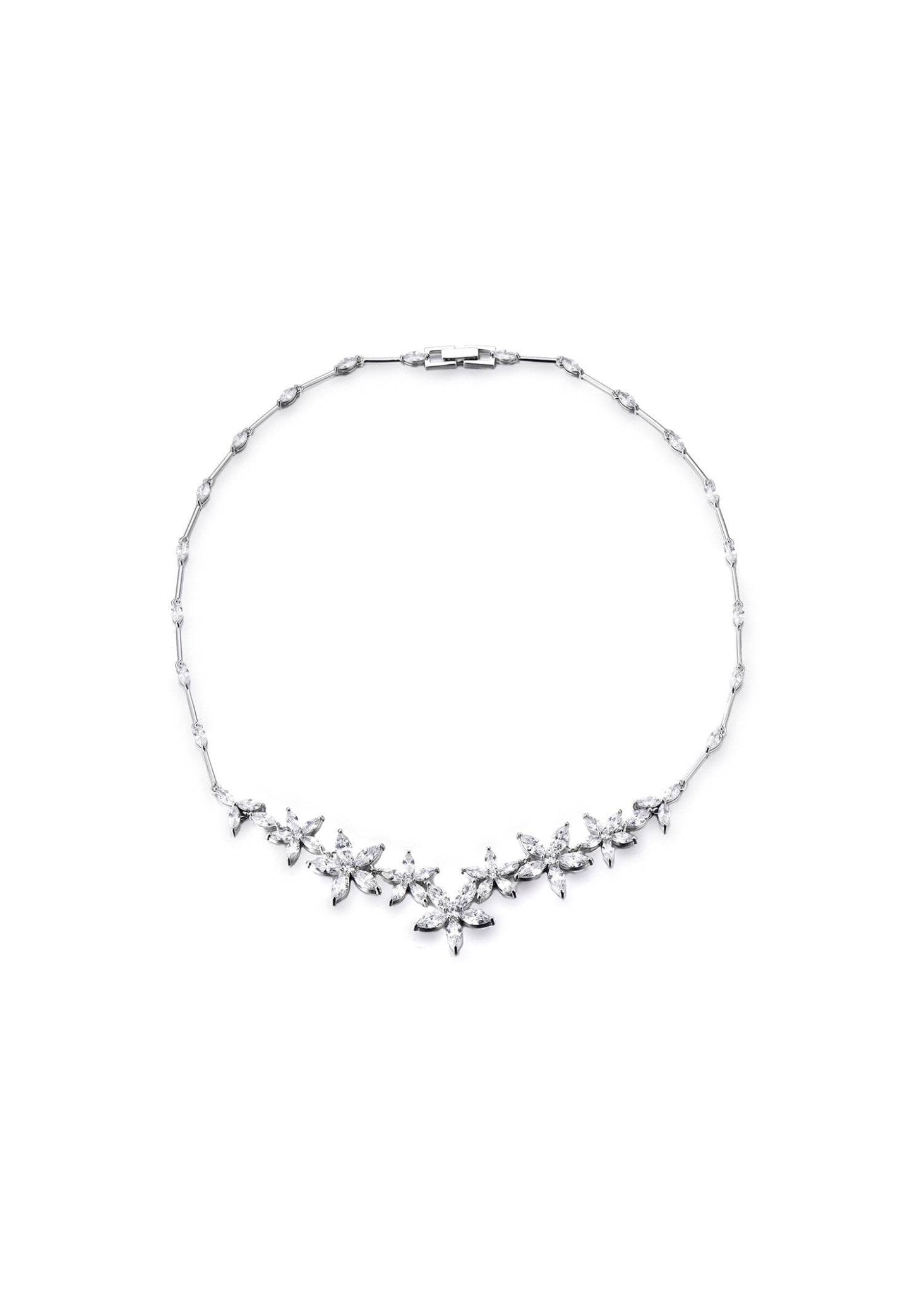 Floral necklace with white zirconia in rhodium silver