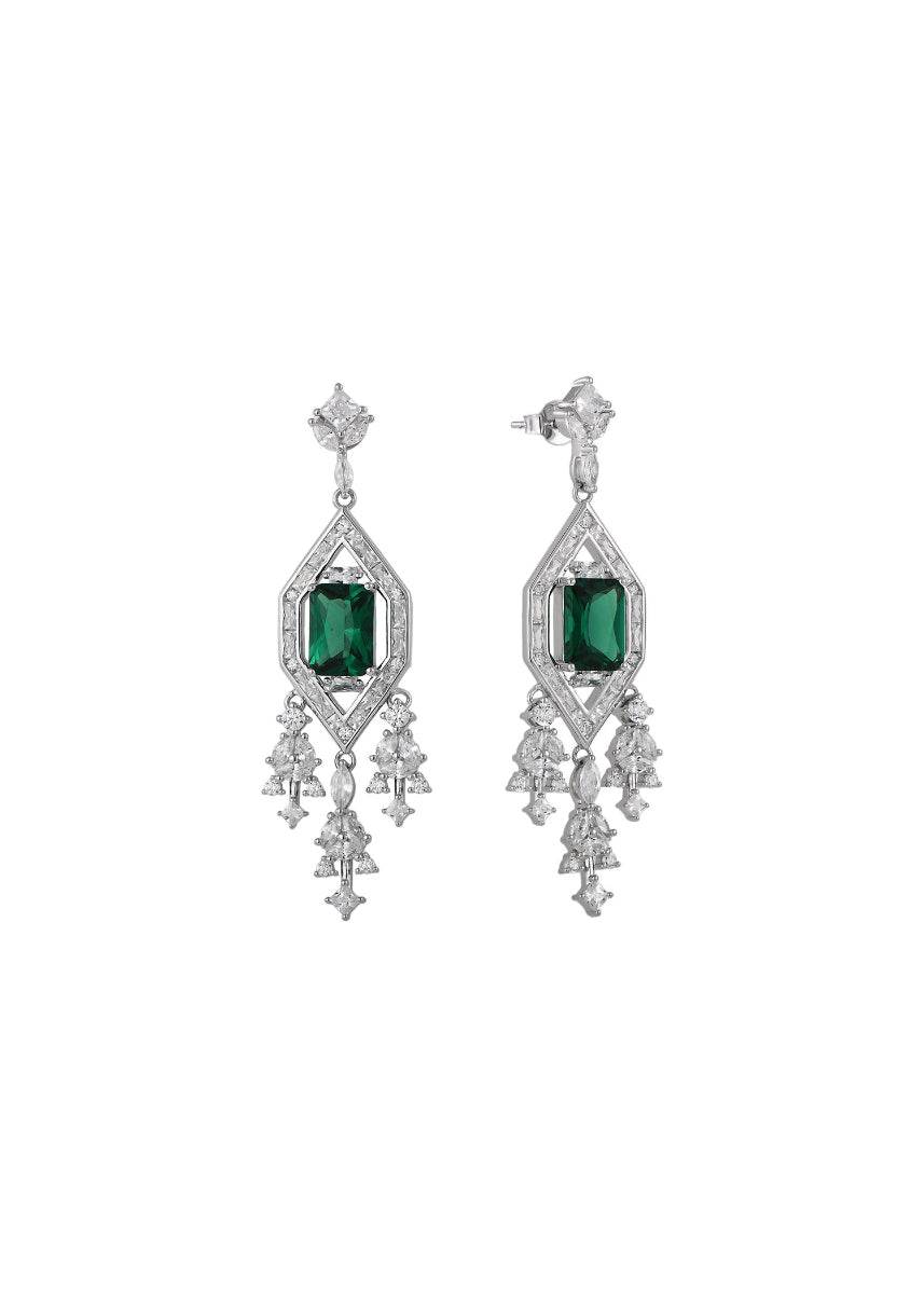 Green zirconia chandelier earrings with geometric frame