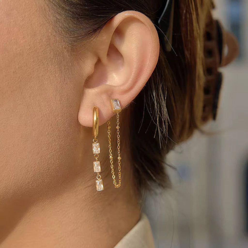 Gilded Tear & Baguette Curated Earring Set - 18k Gold PVD Plated Stainless Steel & Waterproof - Yadman UK