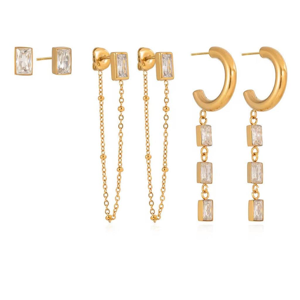 Gilded Tear & Baguette Curated Earring Set - 18k Gold PVD Plated Stainless Steel & Waterproof - Yadman UK