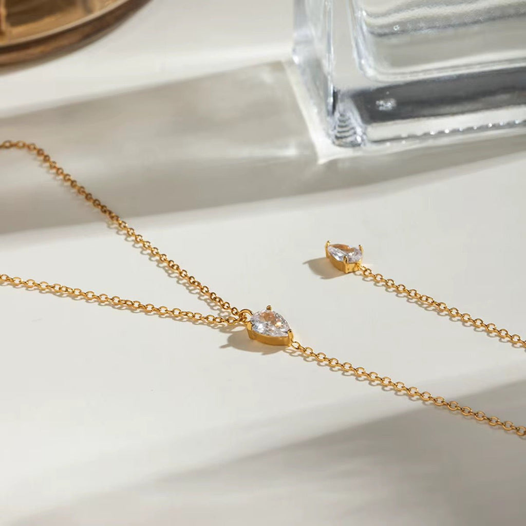 Gilded Tear Crystal Lariat Necklace - 18k Gold PVD Plated Stainless Steel & Waterproof - Yadman UK