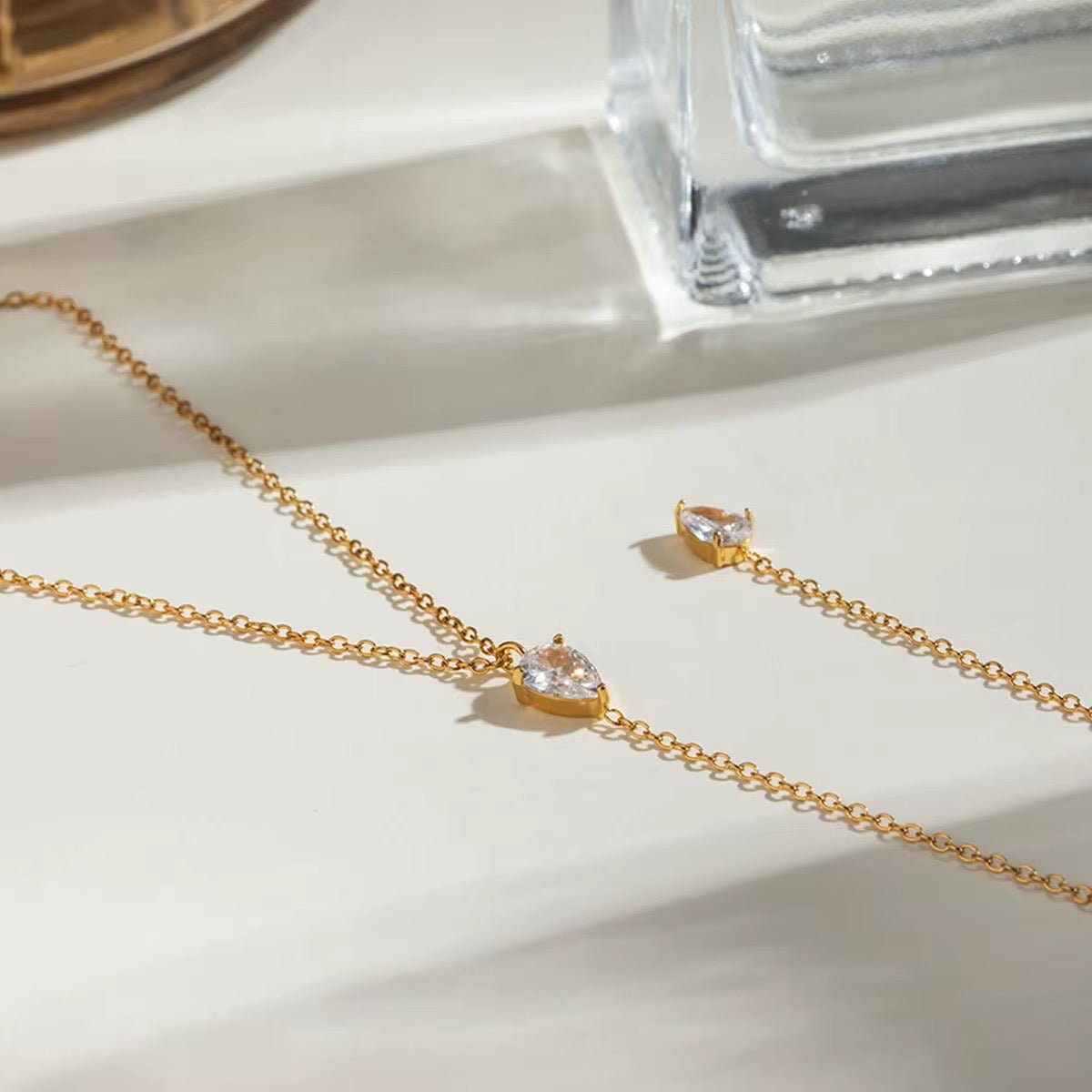 Gilded Tear Crystal Lariat Necklace - 18k Gold PVD Plated Stainless Steel & Waterproof - Yadman UK