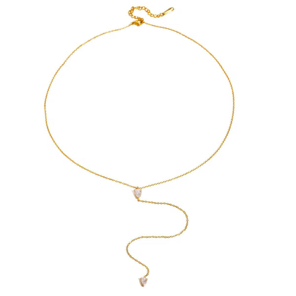 Gilded Tear Crystal Lariat Necklace - 18k Gold PVD Plated Stainless Steel & Waterproof - Yadman UK