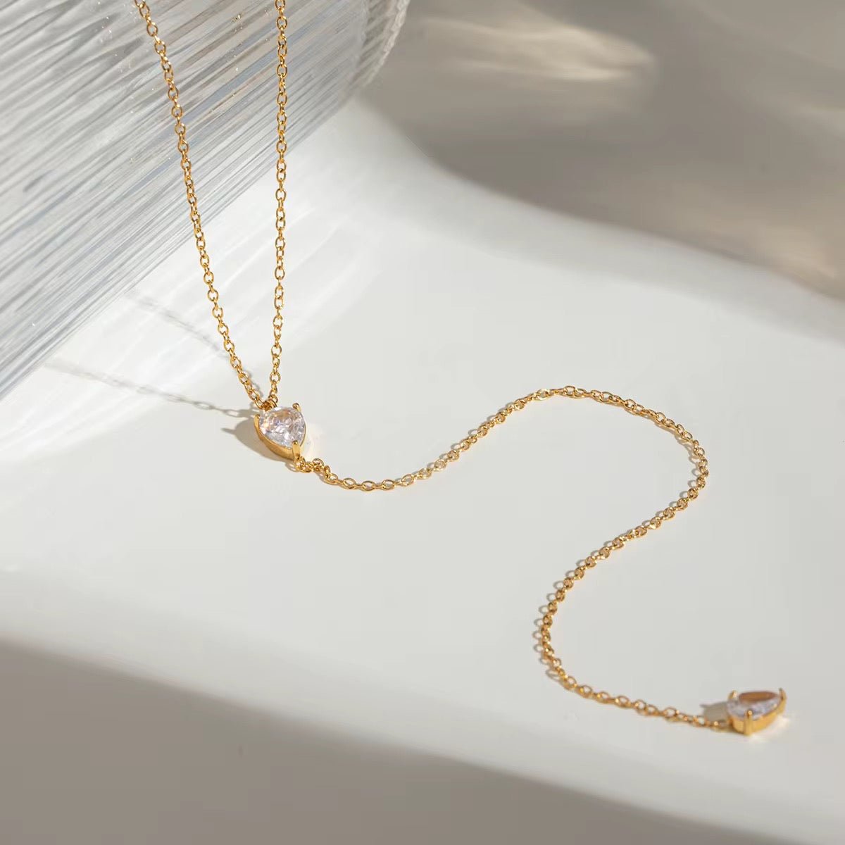 Gilded Tear Crystal Lariat Necklace - 18k Gold PVD Plated Stainless Steel & Waterproof - Yadman UK