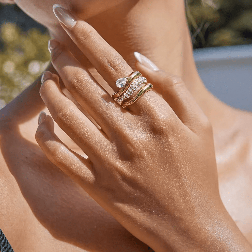 Gilded Teardrop Cross - Over Asymmetrical Ring - 18k Gold PVD Plated Stainless Steel & Waterproof - Yadman UK