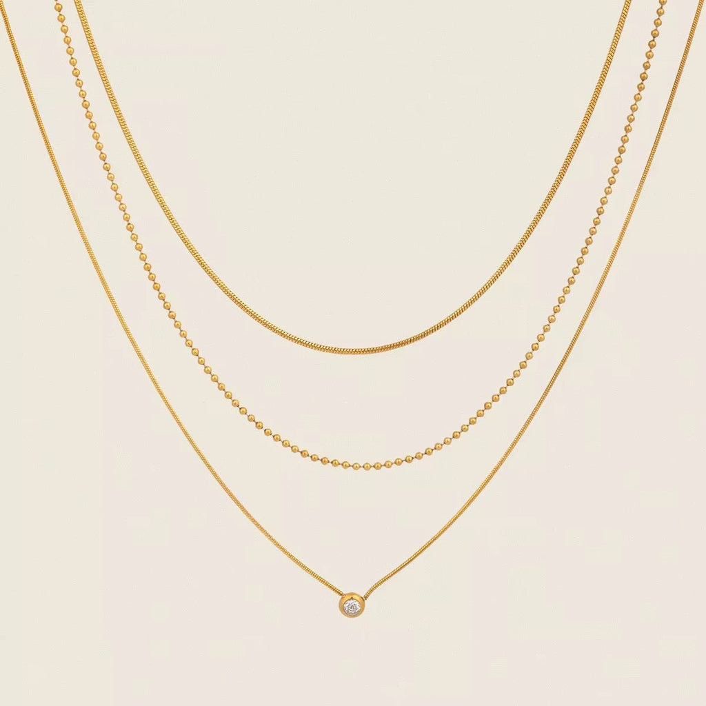 Gilded Trio Triple Layered Solitaire Necklace - 18k Gold PVD Plated Stainless Steel & Waterproof - Yadman UK