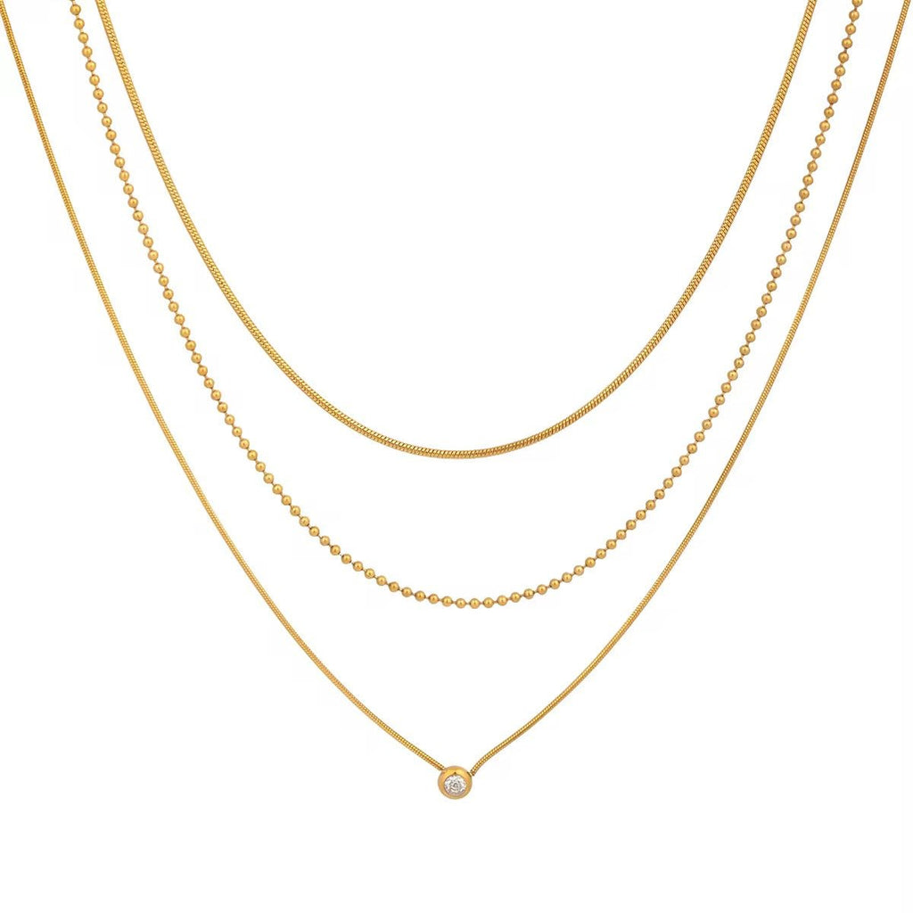 Gilded Trio Triple Layered Solitaire Necklace - 18k Gold PVD Plated Stainless Steel & Waterproof - Yadman UK