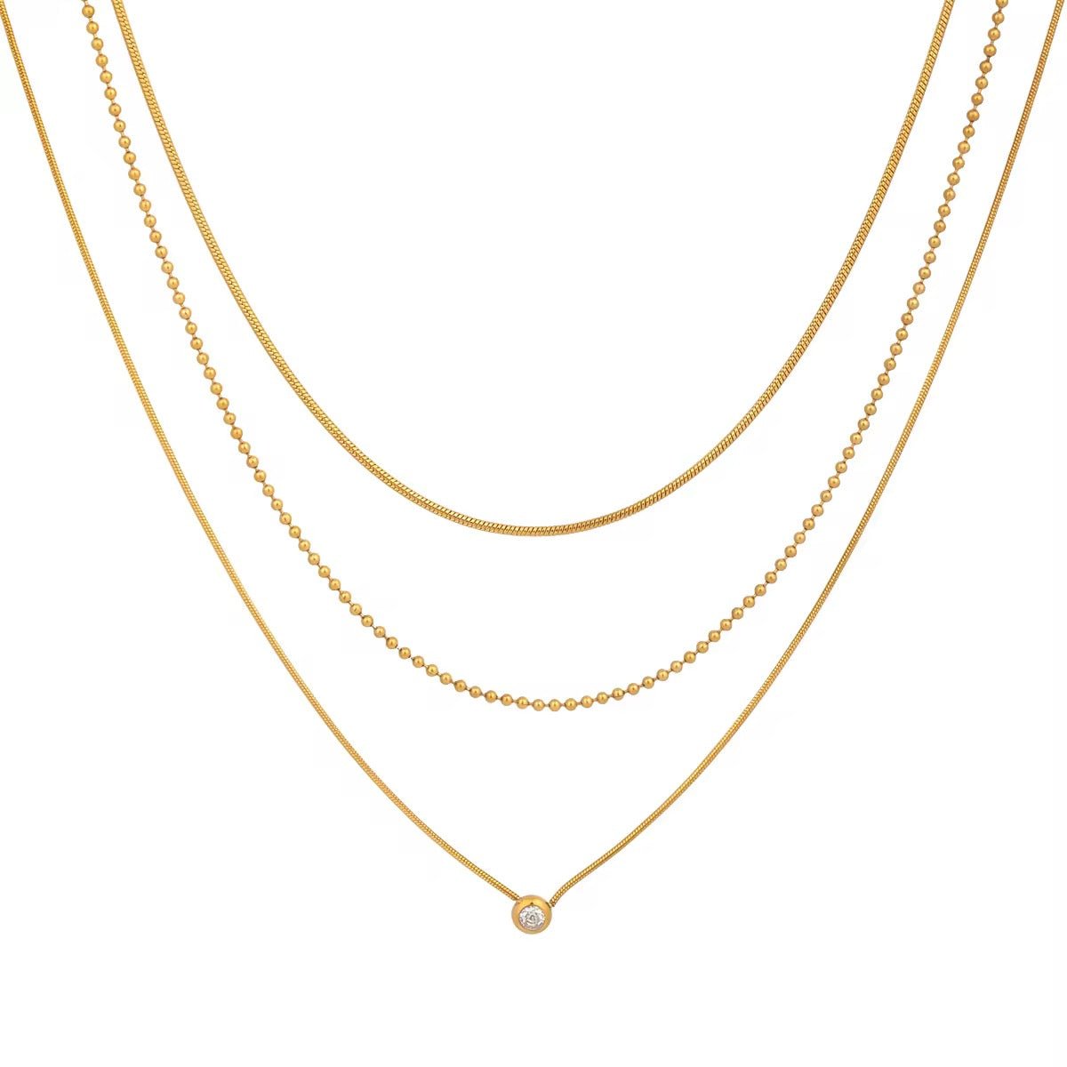 Gilded Trio Triple Layered Solitaire Necklace - 18k Gold PVD Plated Stainless Steel & Waterproof - Yadman UK