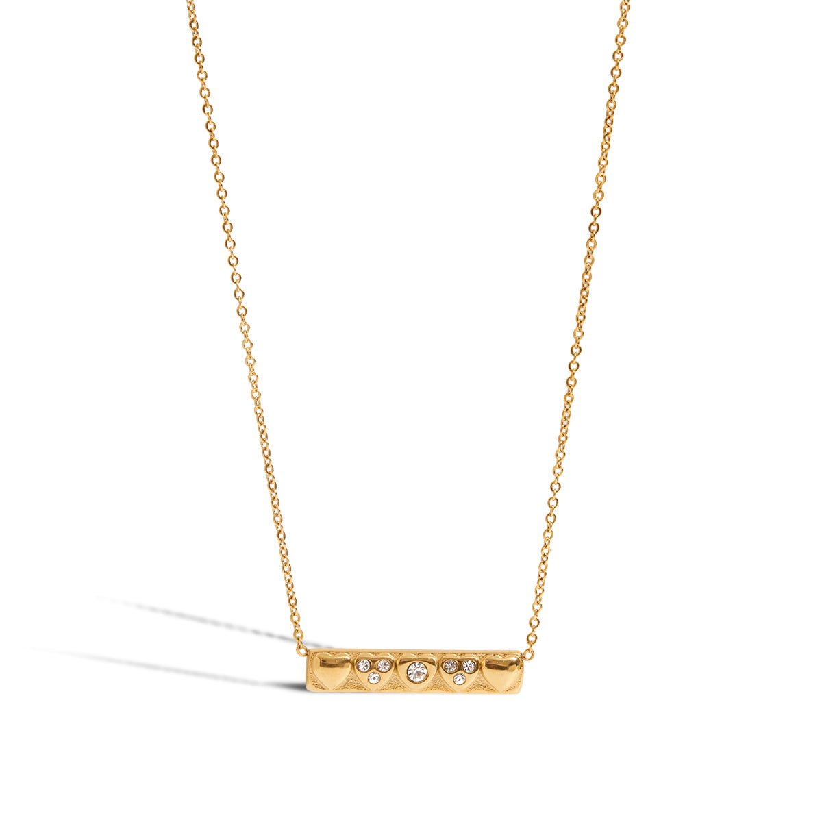 Gold necklace with a bar pendant on a white background