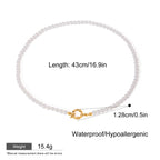 Pearl necklace with measurement details on a white background