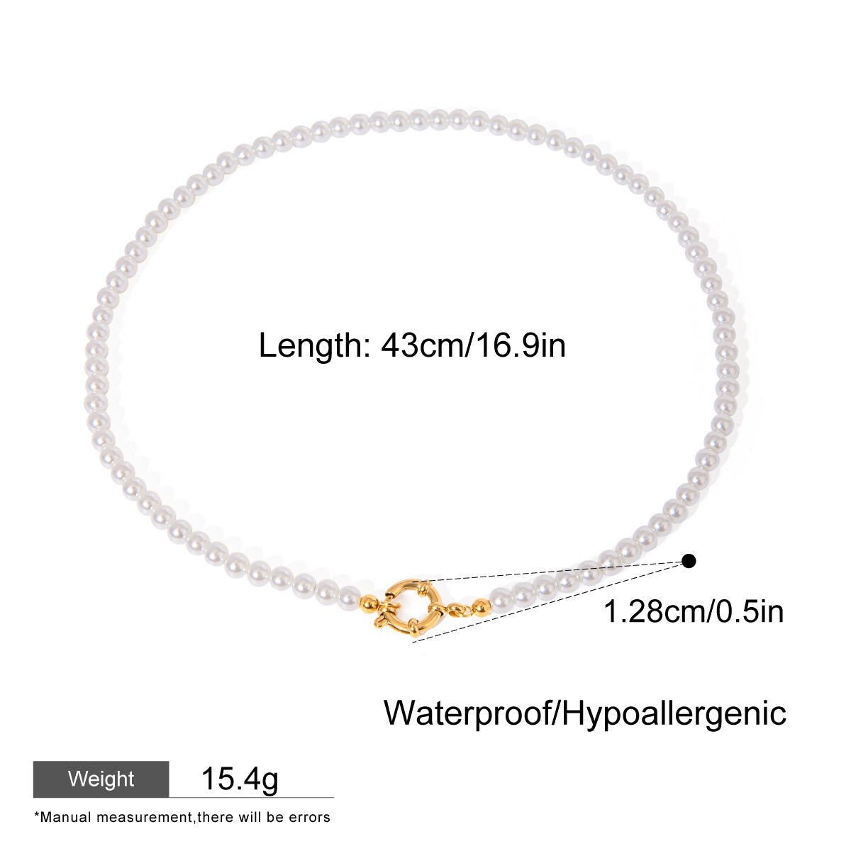Pearl necklace with measurement details on a white background