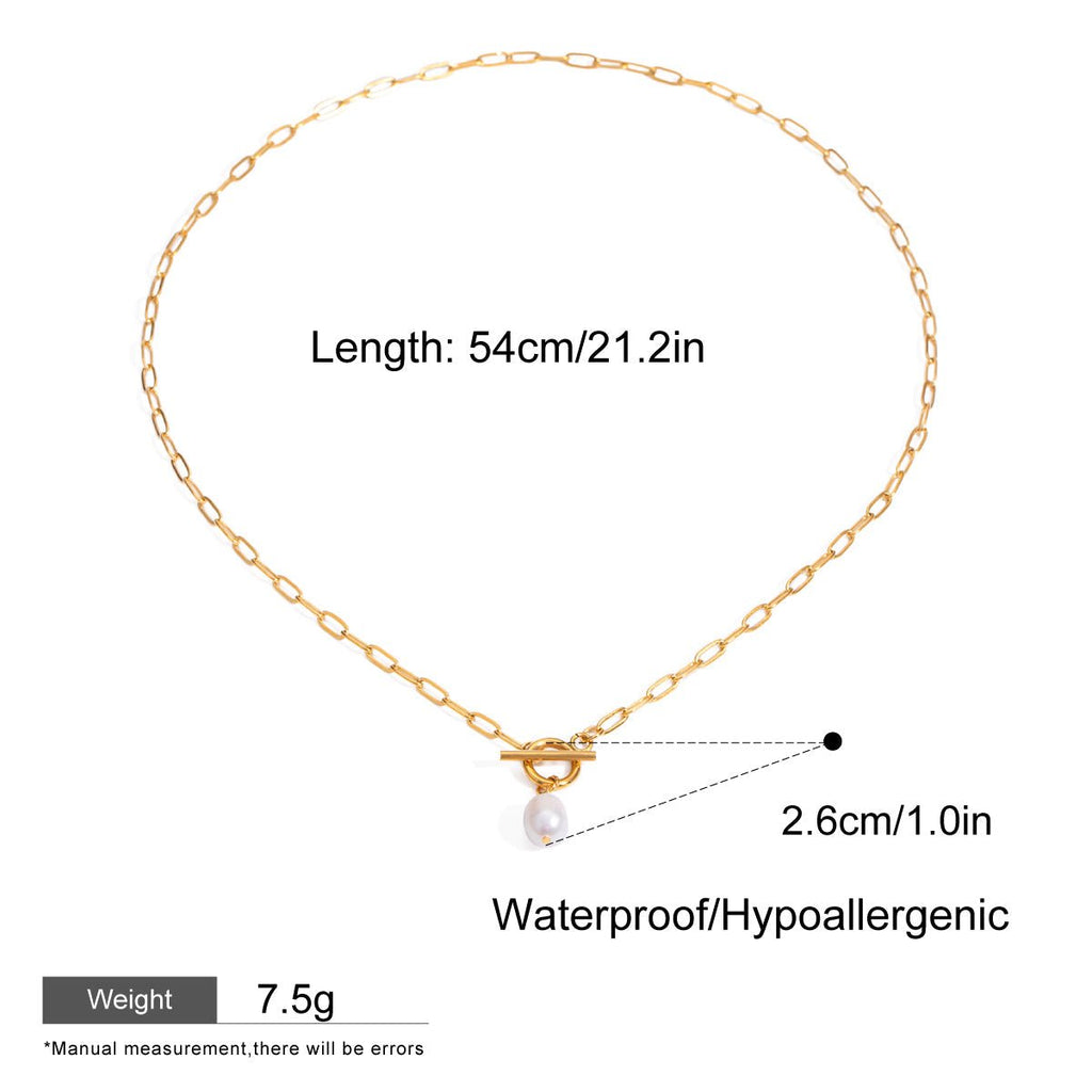 Gold chain necklace with a pearl pendant on a white background, showing measurements and product details.