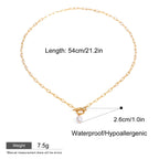 Gold chain necklace with a pearl pendant on a white background, showing measurements and product details.