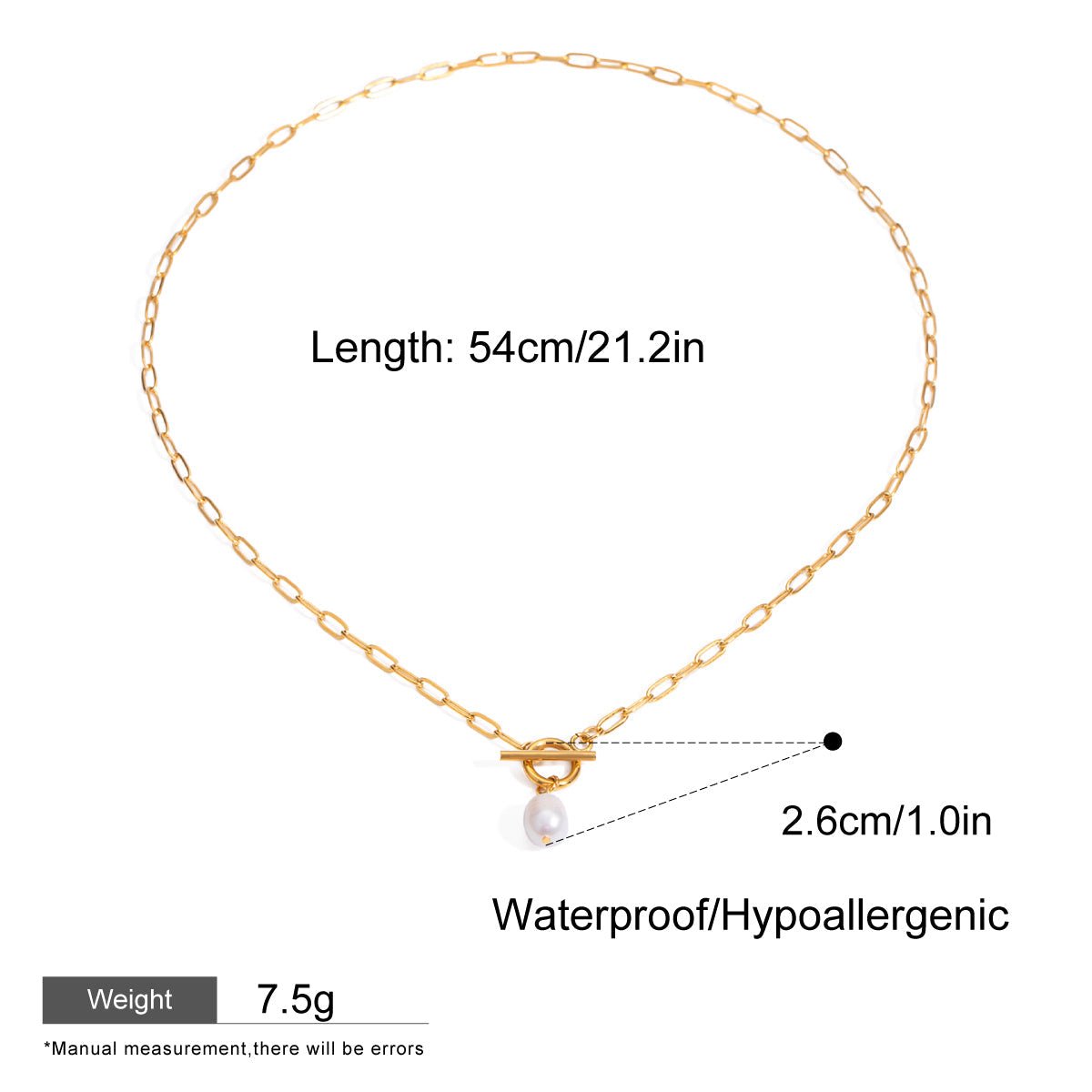 Gold chain necklace with a pearl pendant on a white background, showing measurements and product details.