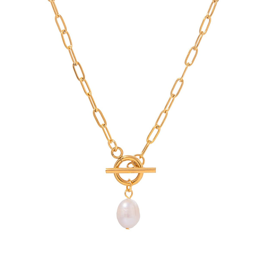 Gold necklace with a pearl pendant on a white background