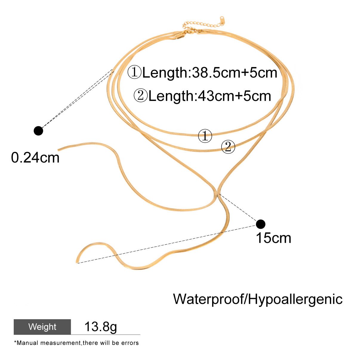 Gold necklace with measurements on a white background