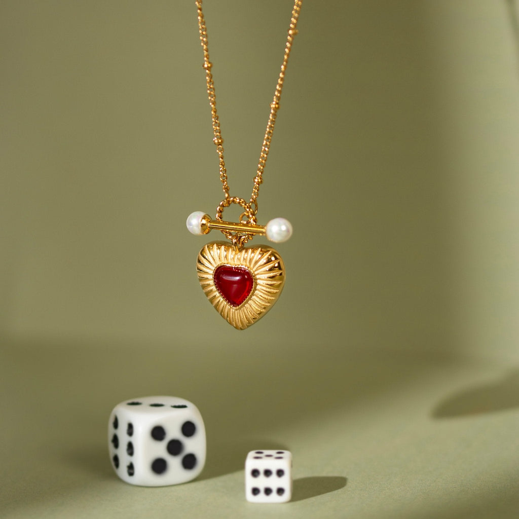 Gold Heart & Pearl Pendant Necklace with Red Enamel – Dubai Collection - Yadman Emarati