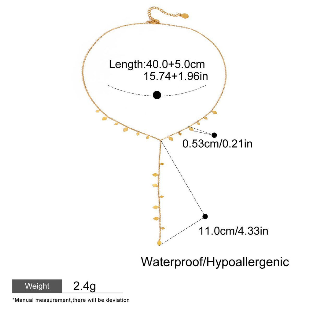 Gold necklace with measurements and product details on a white background