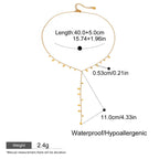 Gold necklace with measurements and product details on a white background