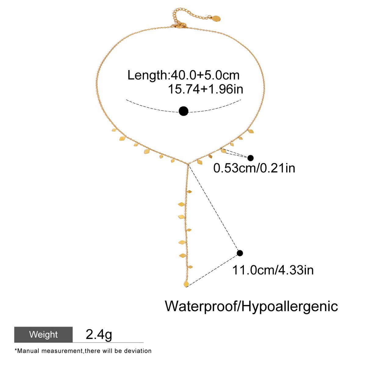 Gold necklace with measurements and product details on a white background