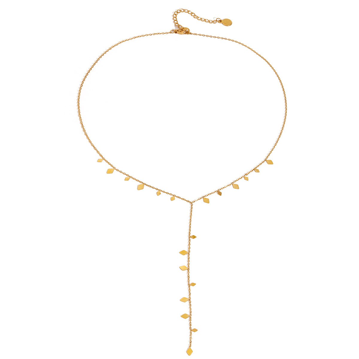 Gold necklace with small droplet pendants on a white background