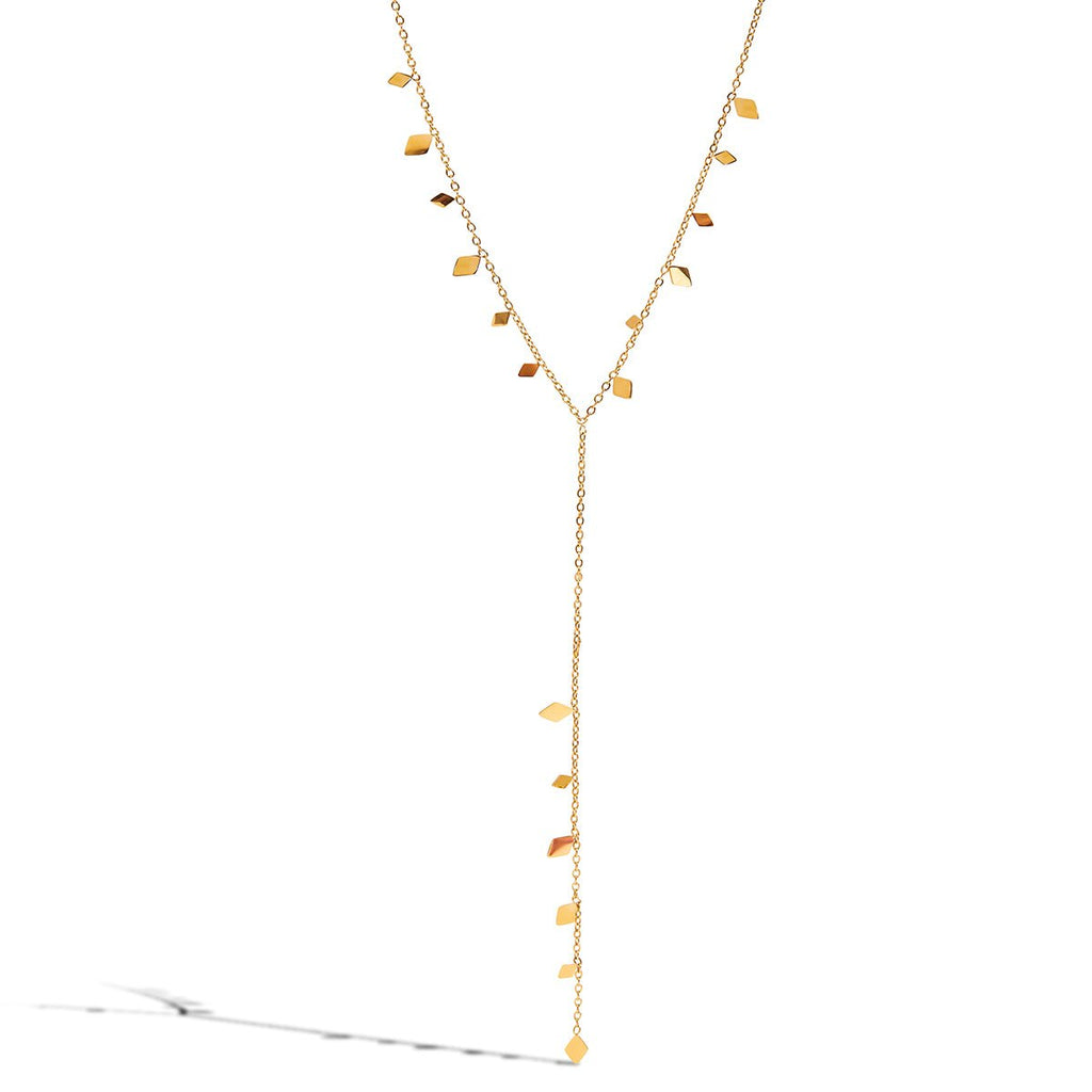 Gold necklace with leaf-like pendants on a white background