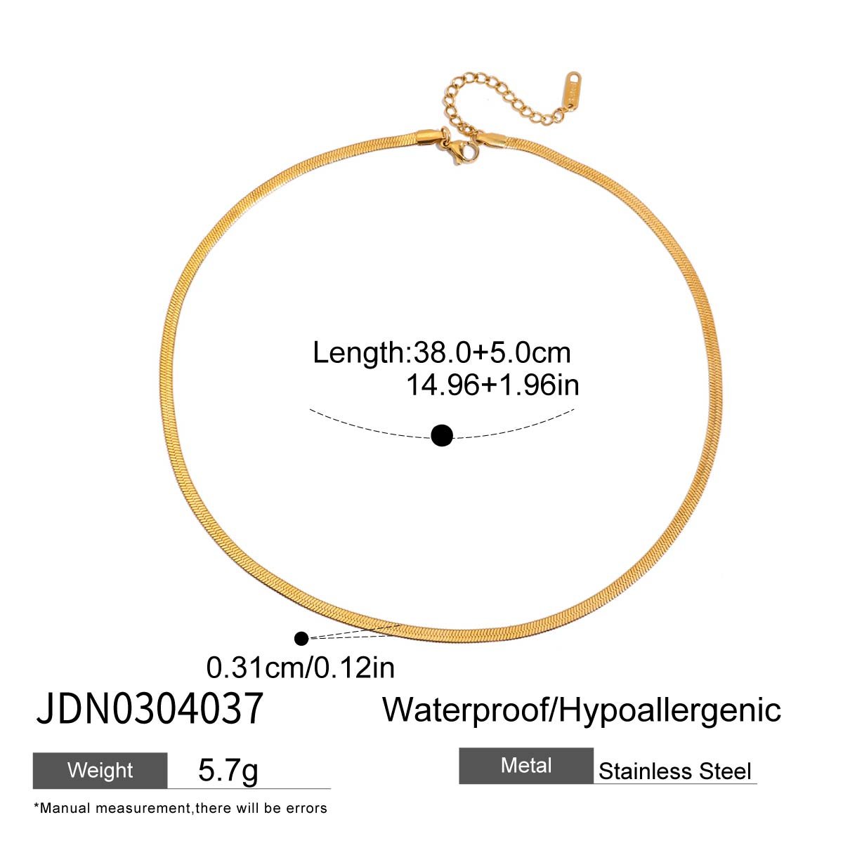 Gold necklace with measurement details on a white background