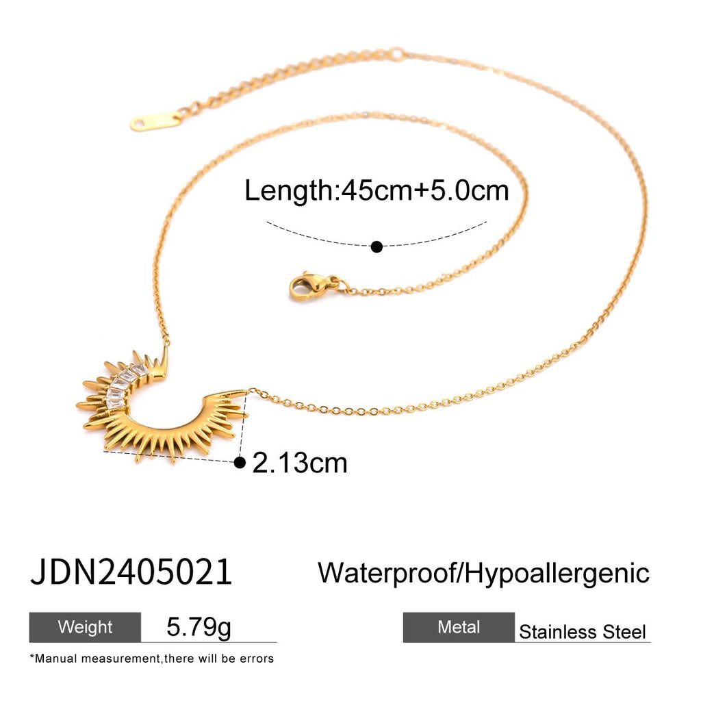 Gold necklace with measurements and product details on a white background