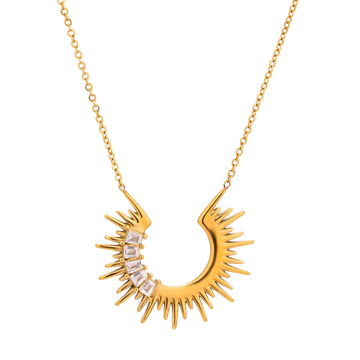 Gold necklace with a sunburst design on a white background
