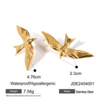 Gold bird-shaped earrings with measurements and product details on a white background