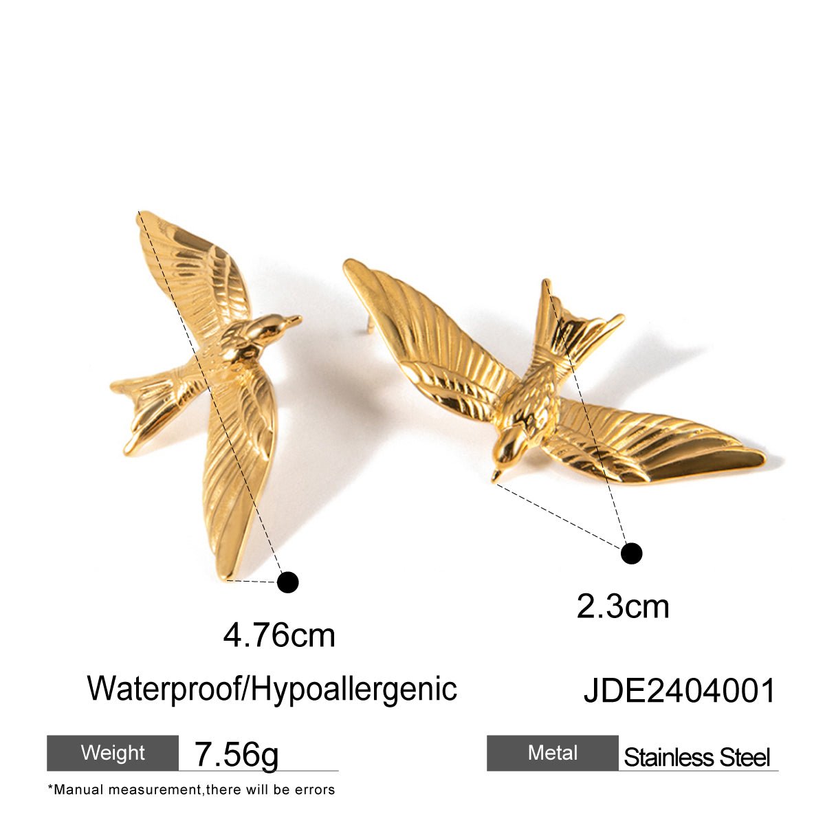 Gold bird-shaped earrings with measurements and product details on a white background