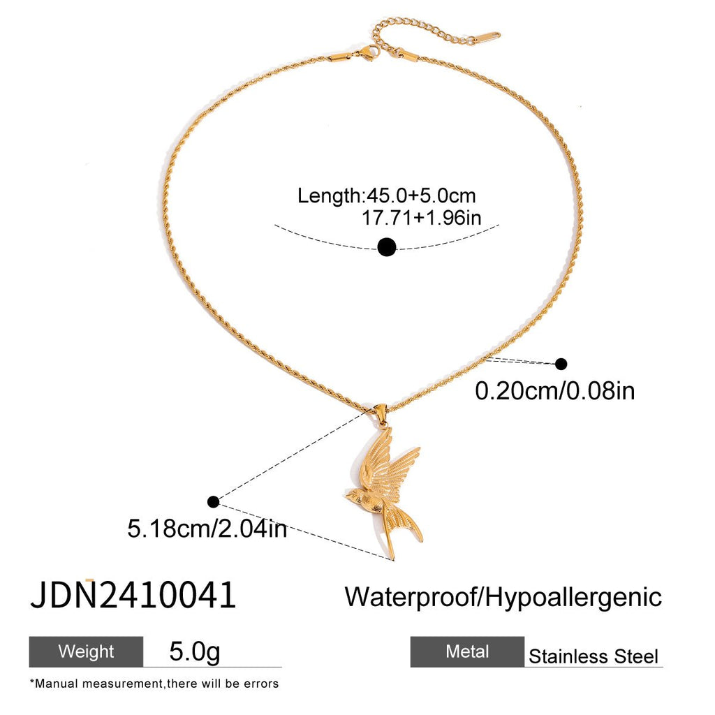 Gold necklace with a bird pendant, showing measurements and product details on a white background.