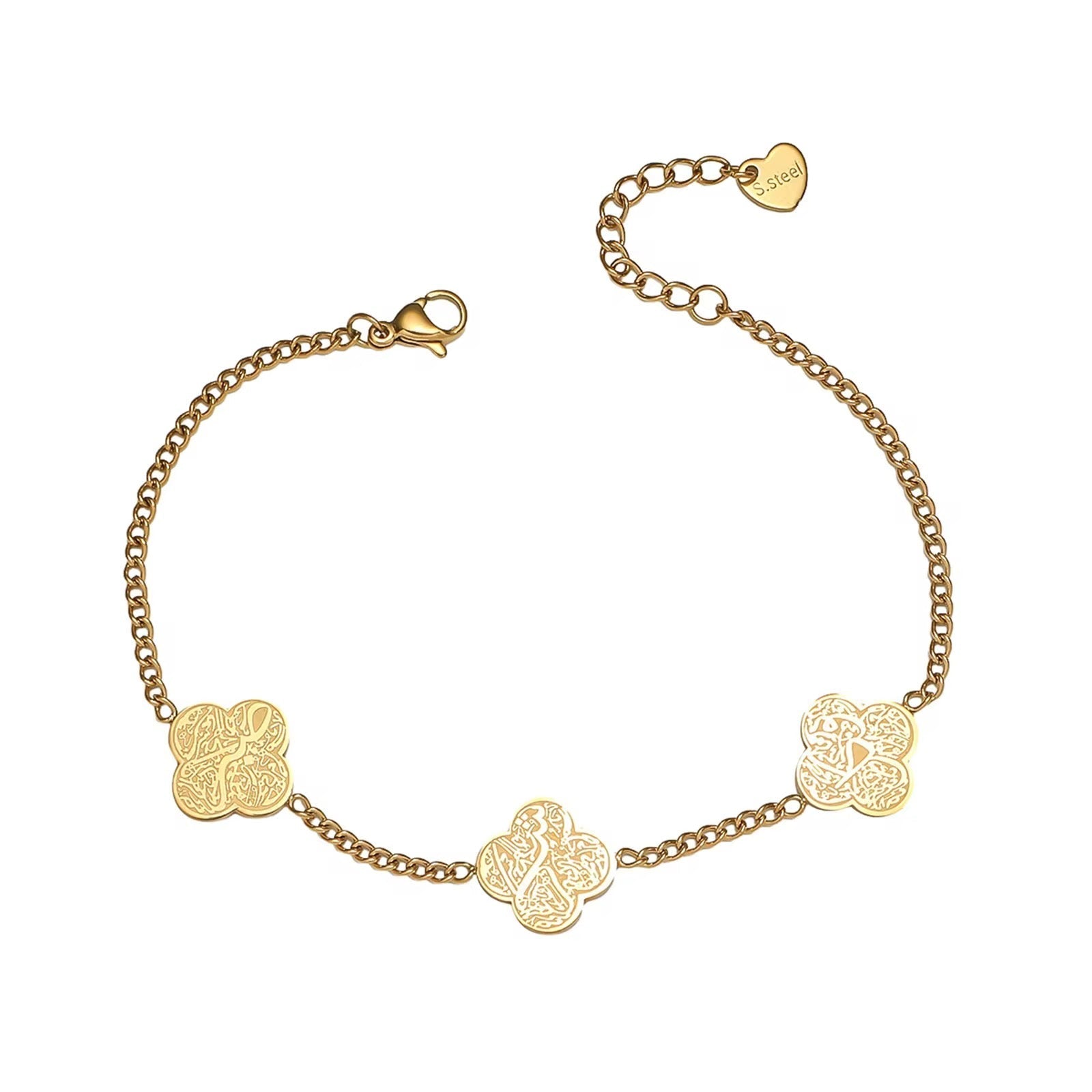 Gold bracelet with floral designs on a white background
