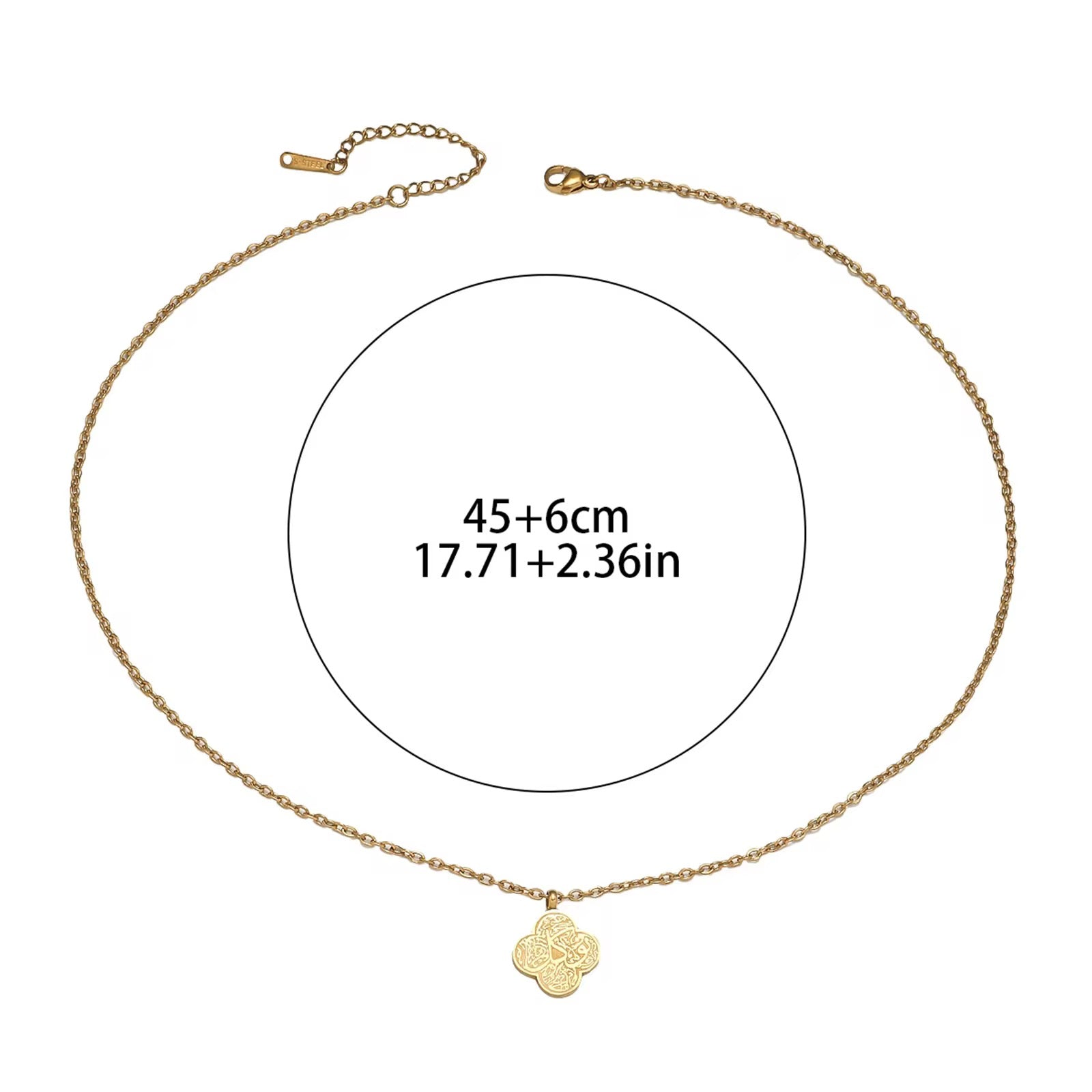Gold necklace with a clover pendant and measurement details on a white background