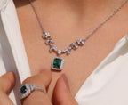 925 silver platinum-plated necklace with green crystal and white stones