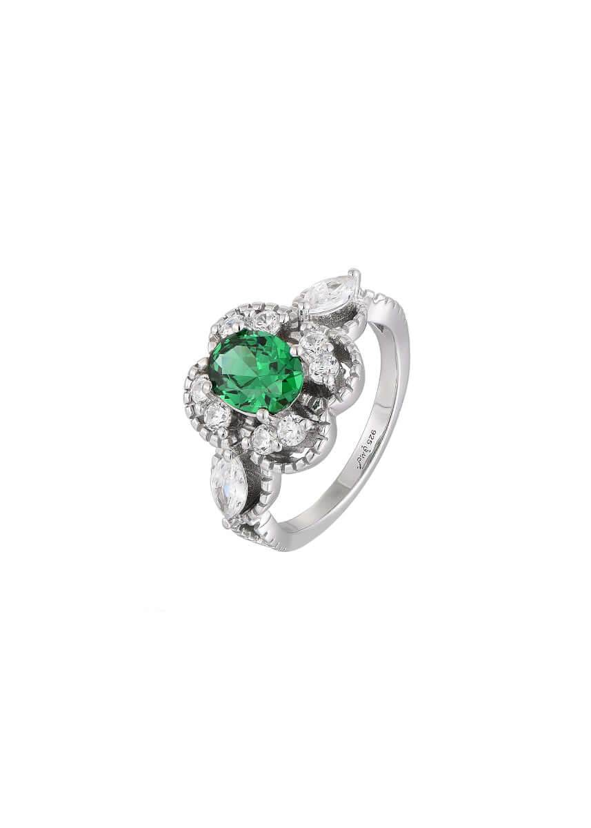 Elegant floral silver ring with green and white stones
