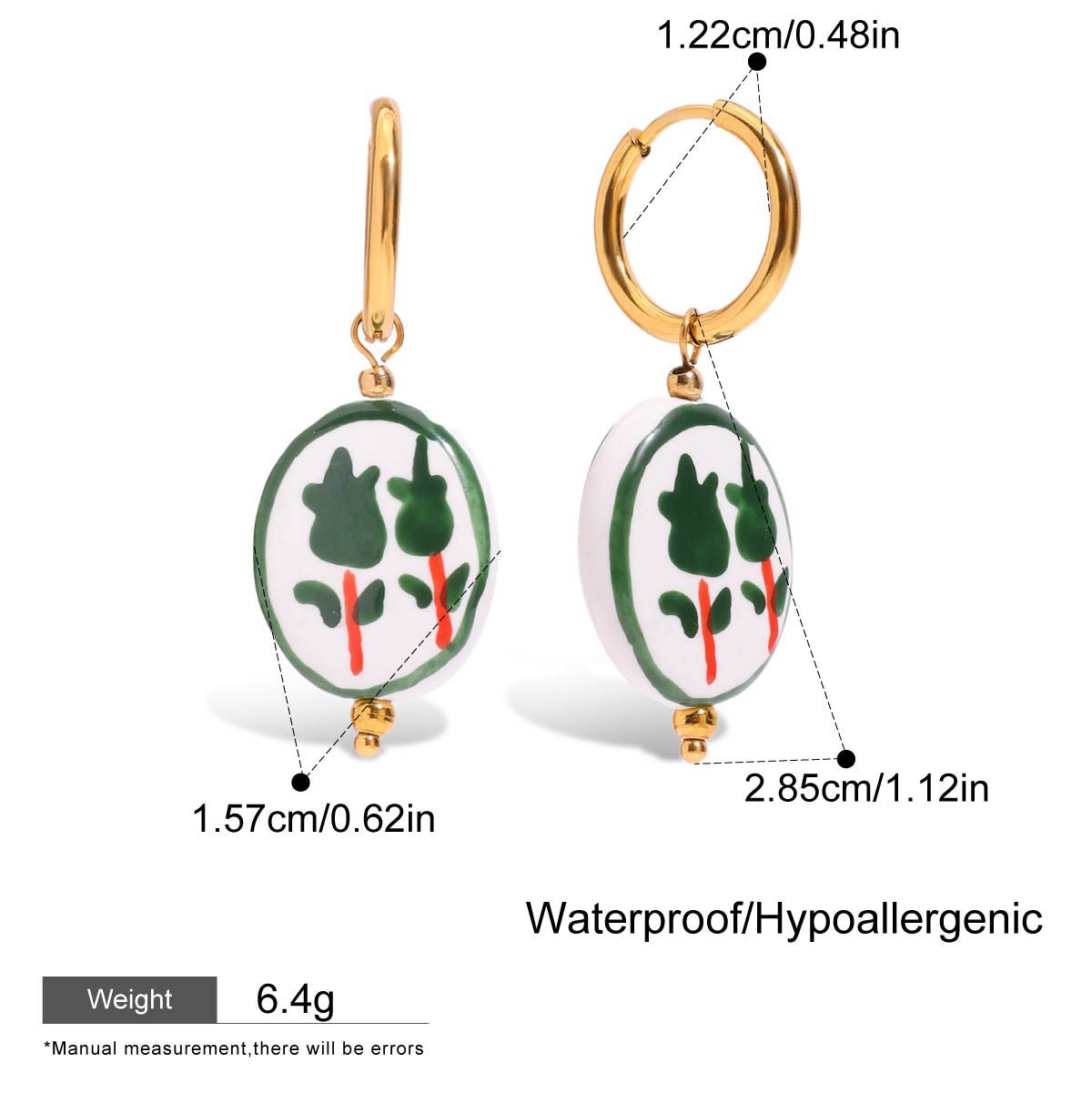 Pair of earrings with green and red design on white background, showing measurements and product details.