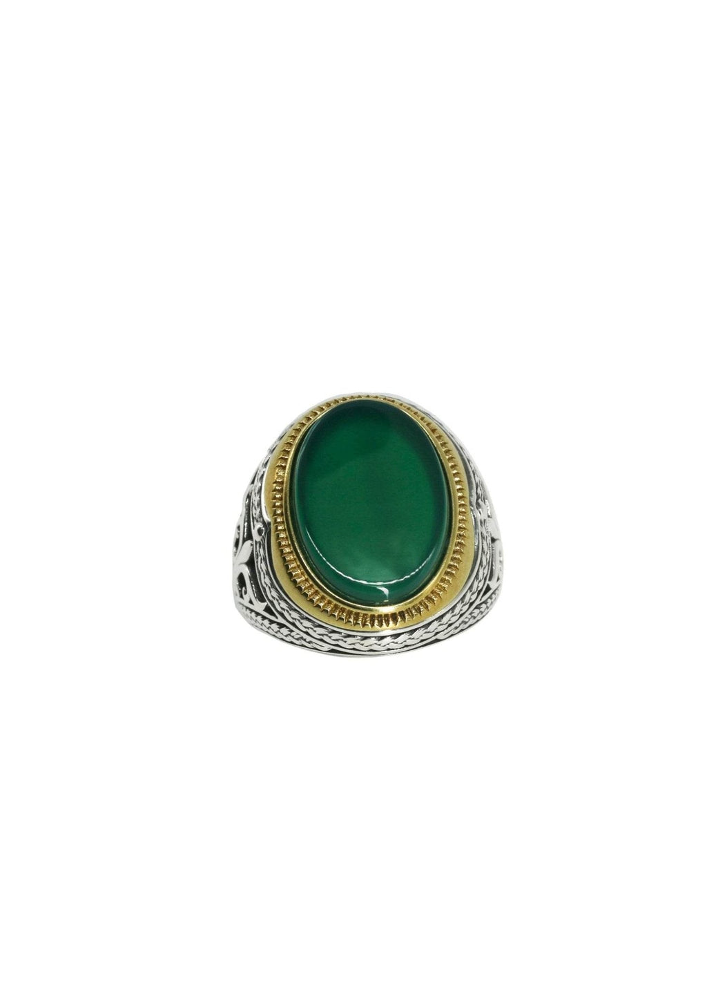 Close-up view of green agate gemstone set in luxury sterling silver ring