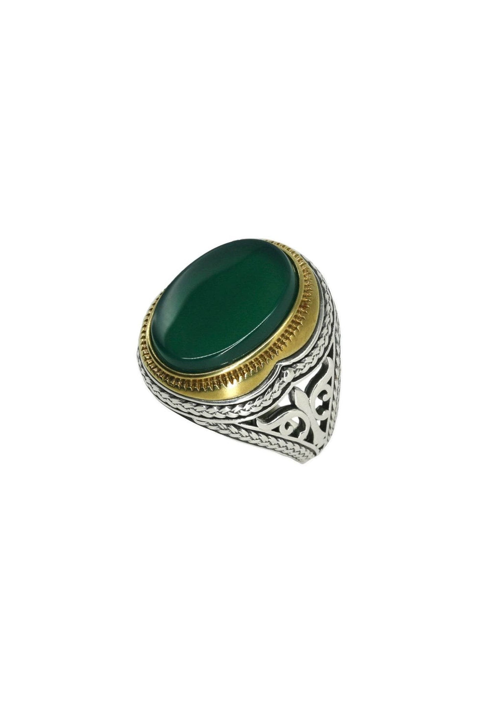 Handmade men’s ring with natural green agate stone and S925 sterling silver band