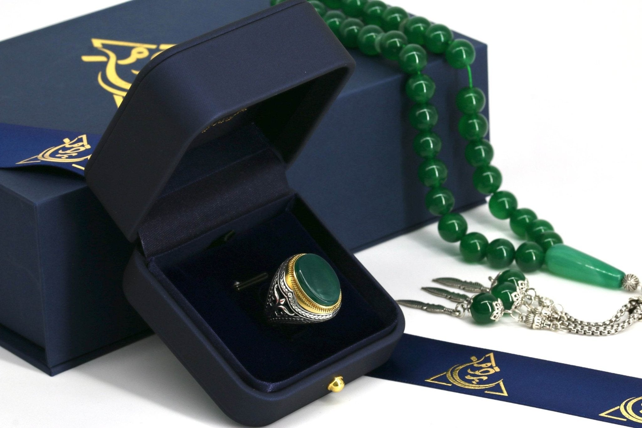 Elegant green agate men’s ring photographed from top angle